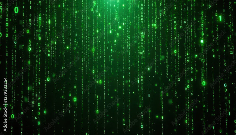 Poster green digital rain with binary code stream in futuristic background
