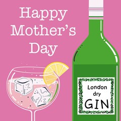 Gin and tonic illustration. Mother's Day gin. Gin and tonic with a slice of lemon and ice cubes. London dry gin. Stylised gin and tonic illustration. Gin and tonic on the rocks with lemon.