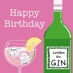 Gin and tonic illustration. Birthday gin. Gin and tonic with a slice of lemon and ice cubes. London dry gin. Stylised gin and tonic illustration. Gin and tonic on the rocks with lemon.