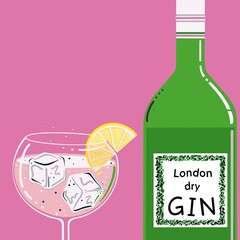 Gin and tonic illustration. Balloon glass and gin bottle. Gin and tonic with a slice of lemon and ice cubes. London dry gin. Stylised gin and tonic illustration. Gin and tonic on the rocks with lemon.