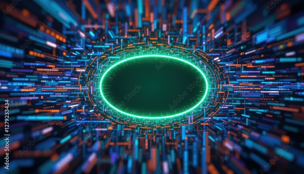 Poster Abstract Digital Background with Neon Light Trails and Circular Frame