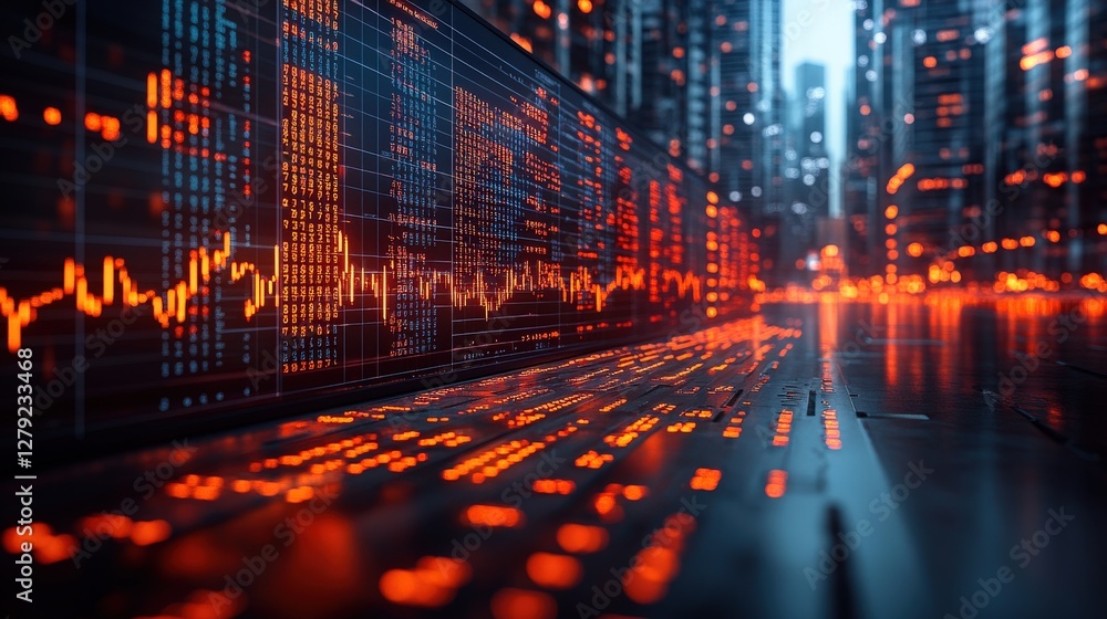 Poster futuristic cityscape with glowing data streams and digital graphs reflecting innovation