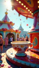 Fototapeta premium Confetti and balloons fill the air as a spinning teacup ride rotates slowly in sunlight, carnival, colorful, fun