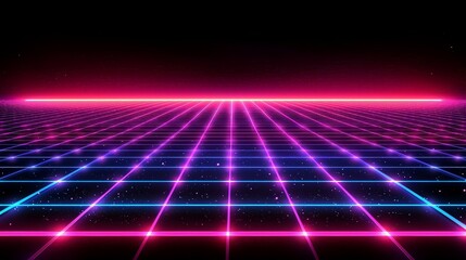 Futuristic digital grid landscape, vibrant neon glow. Possible use Stock photo for digital art, gaming, or electronic design
