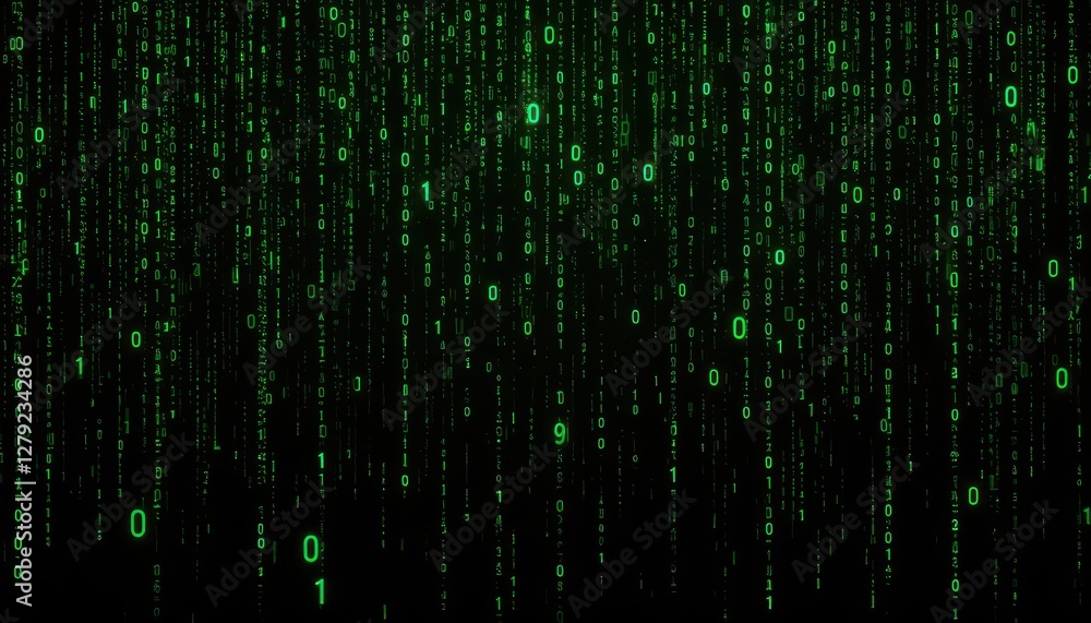 Poster green binary code rain on black background in digital style