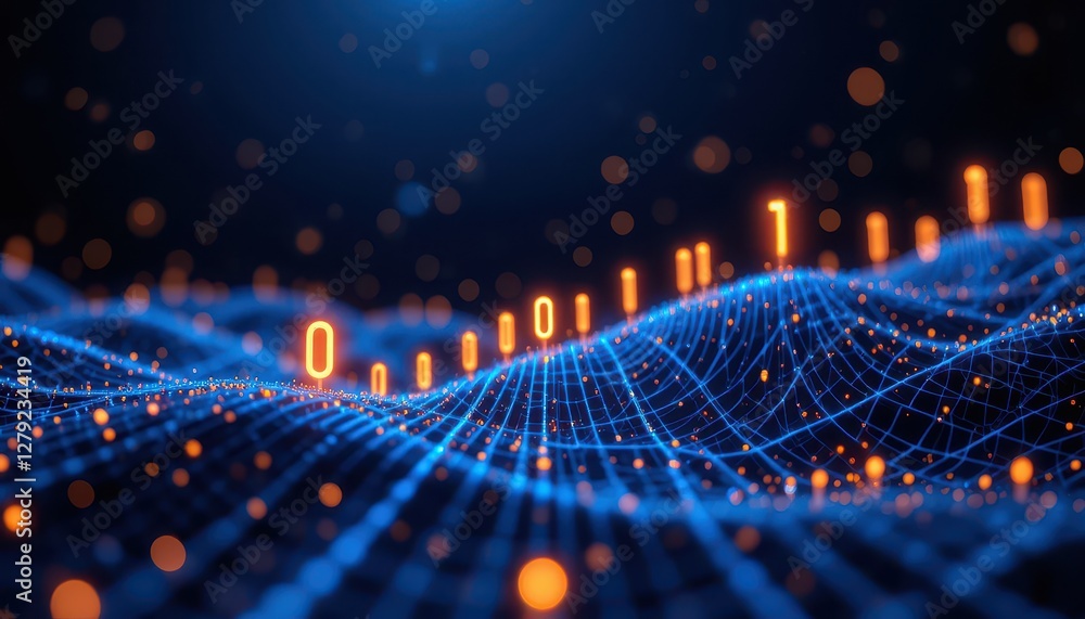 Poster abstract digital landscape with binary code and glowing particles