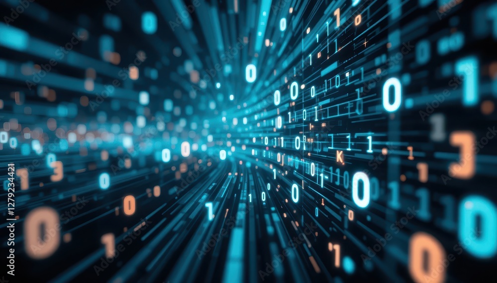 Poster futuristic digital data stream with binary code and light effects