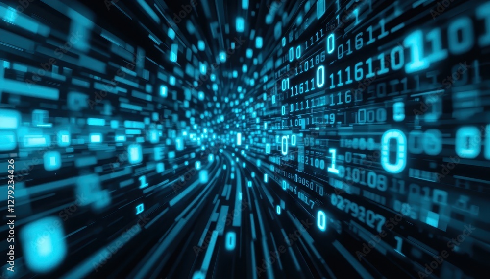 Poster digital data stream with binary code flowing in abstract design