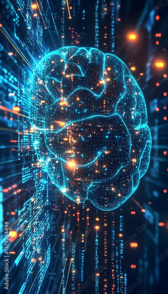 Poster glowing wireframe brain surrounded by digital data streams