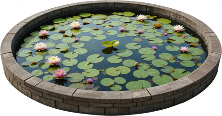 Serene Water Lily Pond Pink and White Water Lilies Blooming in a Stone Garden Feature