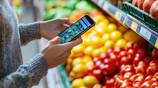 Smart shopper using a mobile app in a supermarket to check an online grocery order for delivery. Bright, colorful produce aisle in the background.