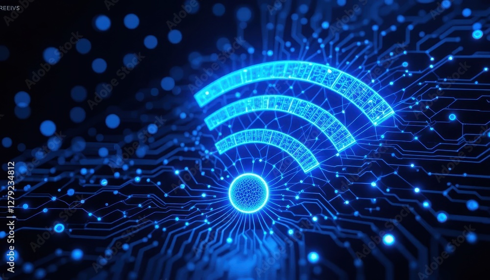 Poster futuristic wireless network symbol on high-tech circuit background
