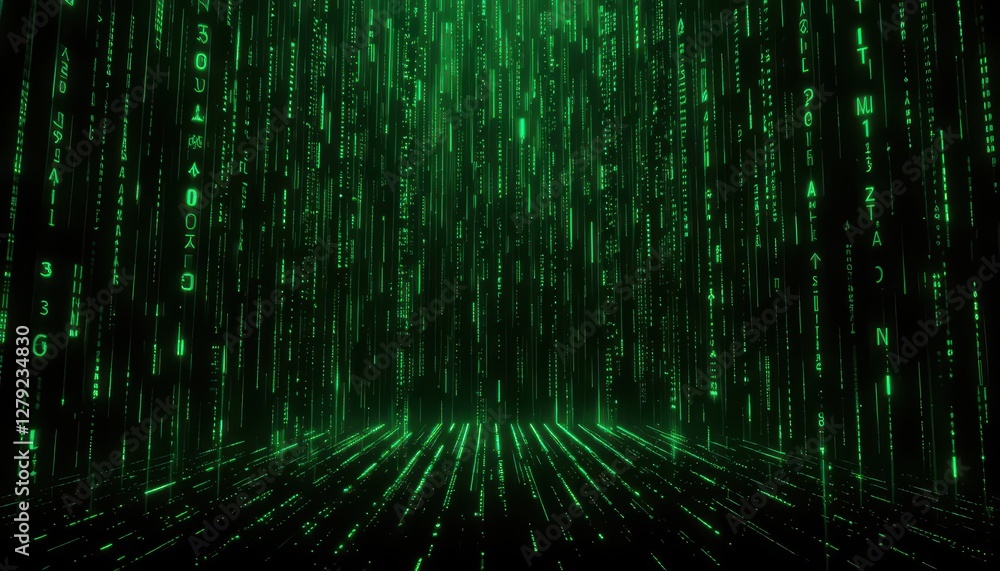 Poster digital matrix with green code falling on black background