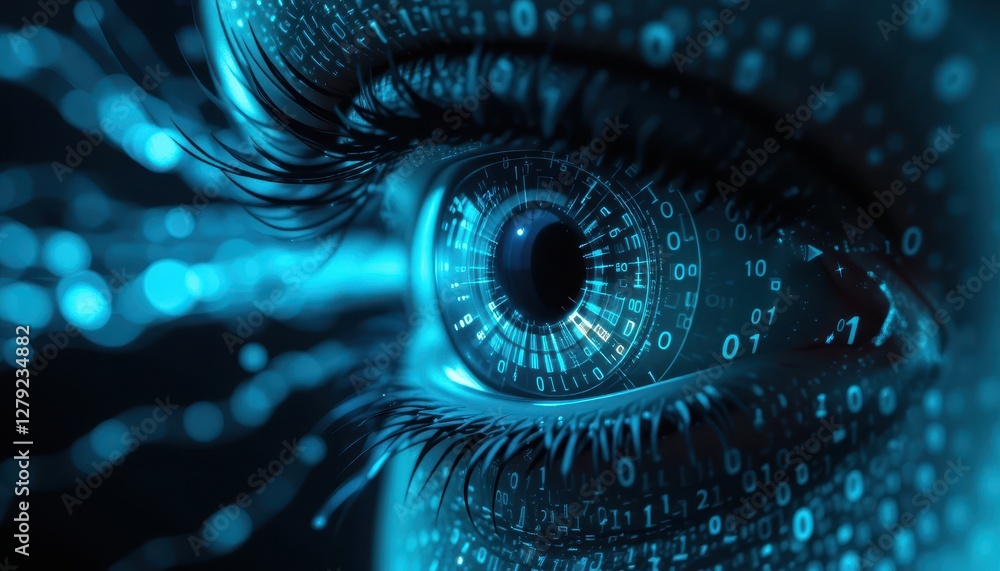 Poster eye with digital patterns and binary code concept for technology themes