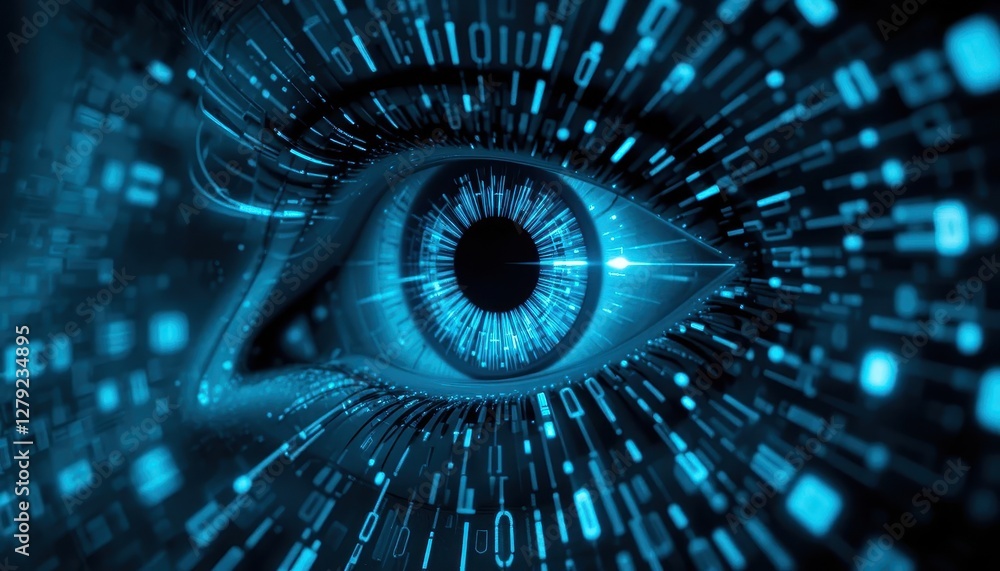 Poster futuristic eye with digital data stream and high-tech elements