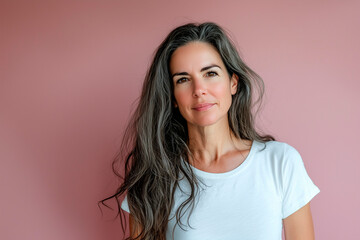 Fototapeta premium haircare model in her 40s with nice smooth hair white T-shirt
