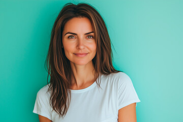 Fototapeta premium haircare model in her 40s with nice smooth hair white T-shirt