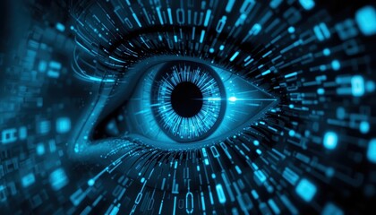 Futuristic Eye with Digital Data Stream and High-Tech Elements
