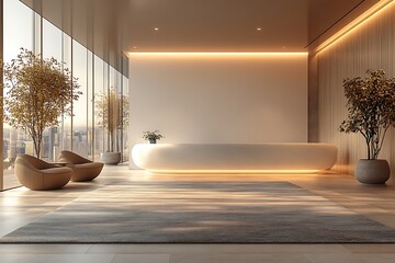 Modern minimalist office reception area with city view.