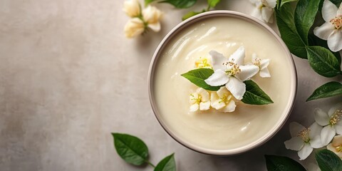 Obraz na płótnie Canvas Creamy dessert topped with delicate flowers and leaves in an elegant setting