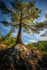 Obraz premium Solitary Sentinel: The Timeless Elegance of a Lone Ponderosa Pine in Nature's Embrace