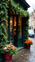 Naklejka premium Evergreen boughs draped across the entrance of a flower shop, winter wonderland, fall foliage, decorative elements
