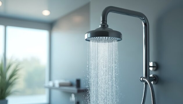 Modern bathroom setting features energy efficient water saving showerhead. Water flows from innovative plumbing fixture. Sustainable design meets tech for eco-friendly home. Saving power, household