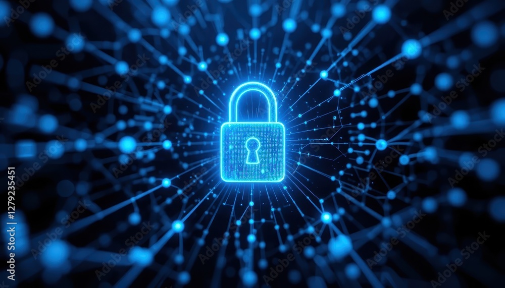 Poster digital security concept with lock and connections in cyber space