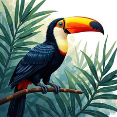 Detailed Toucan on Textured Leaf Pattern - High Resolution Art