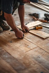 Carpenter installing wooden planks on flooring workshop action shot