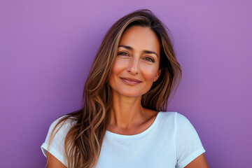 Fototapeta premium haircare model in her 40s with nice smooth hair white T-shirt