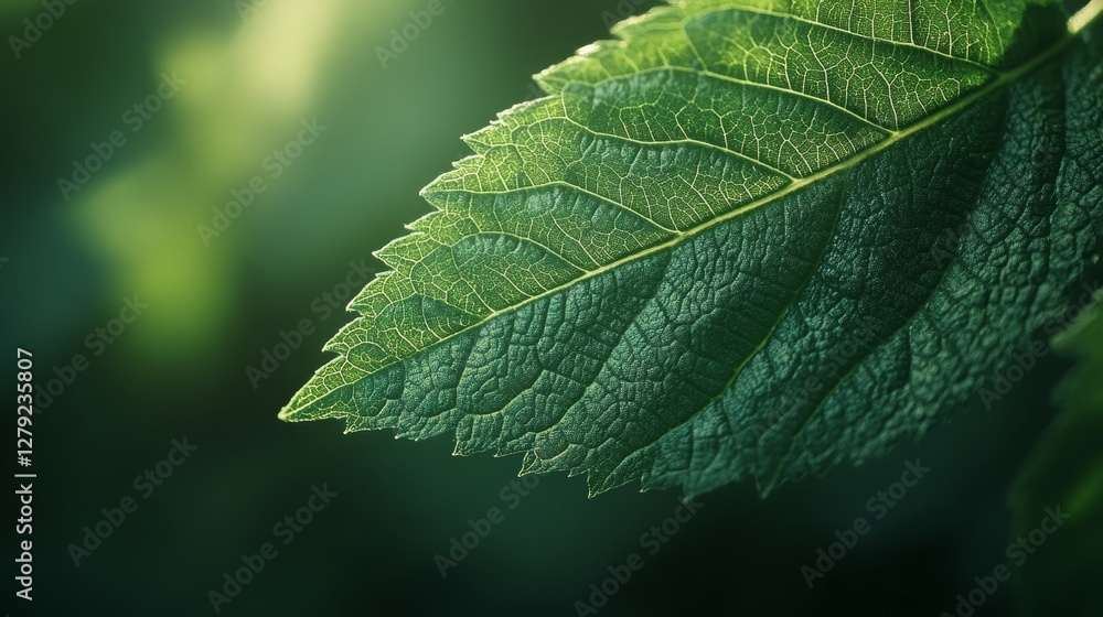 Poster captivating close-up of a green leaf illuminated by soft natural light in a lush environment during 