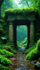 Naklejka premium Green slimy growth envelops ancient stone edifice, wet, edifices, algae