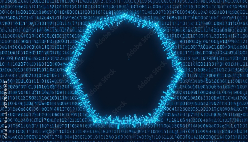 Poster abstract digital hexagon with blue glowing data and binary code