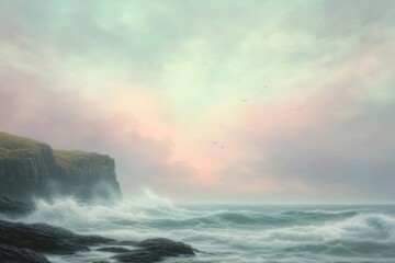 Serene seascape captures gentle waves and soft hues of dawn illu