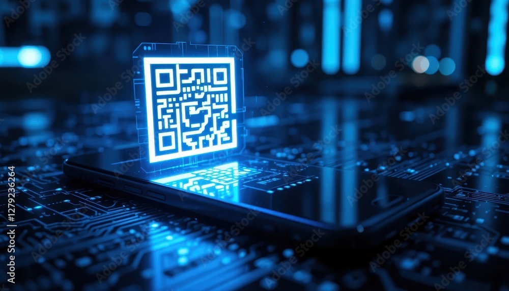 Poster glowing qr code over smartphone on digital circuit board background