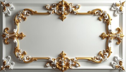 Ceiling 3D wallpaper features Victorian-style white, gold decorative frame. Ornate background presents elegance, luxurious sophistication, grandeur. Classic embellishment, intricate detail, regal
