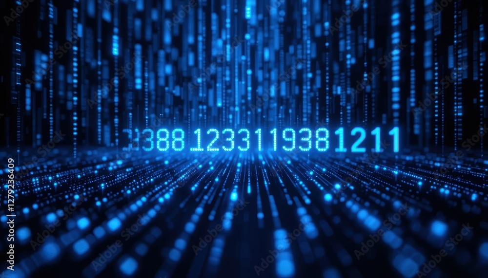 Poster digital data stream with binary numbers in blue light effects