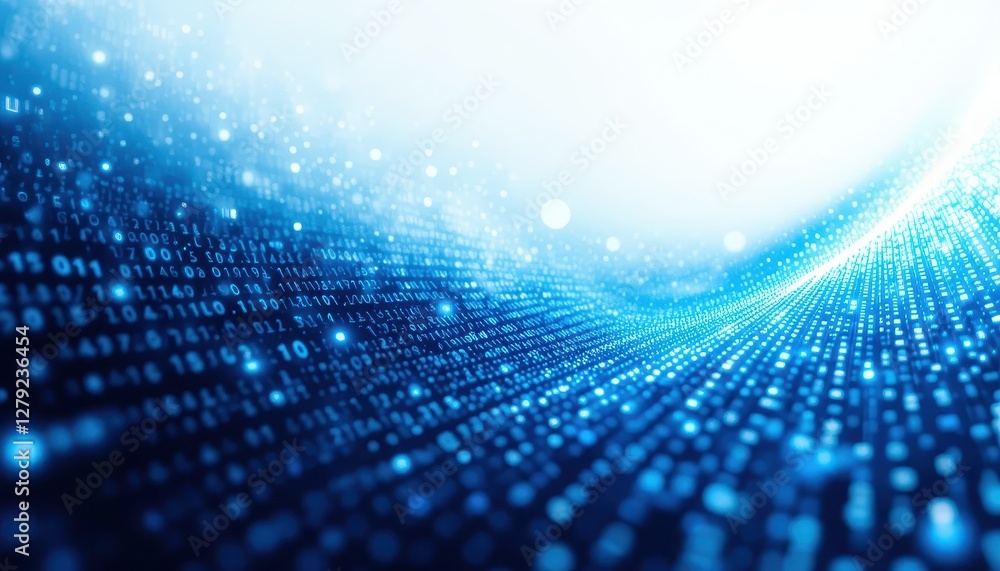 Poster digital flow of blue binary data with glowing particles and depth
