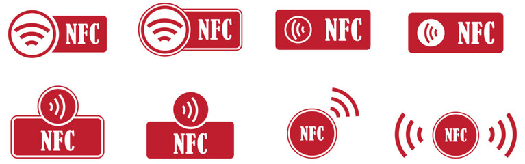 NFC chip cards icons set collection on white background. NFC badge design for mobile payment and connectivity solution. Tap to pay nfc circle design collection. Simple nfc logo for contactless payment