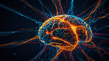 Glowing neural network, human brain visualization, electric synapses, neon orange and blue energy, abstract digital art, detailed neural pathways, dark background