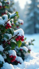 Holly berry bush in snowy landscape with frosted pinecone, nature, pinecone, winter