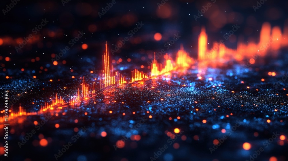 Poster abstract visualization of sound waves with vibrant colors and glowing particles in a dark space