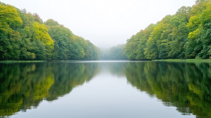 Misty Forest Lake Reflection, Calm, Tranquil Scene, Peaceful