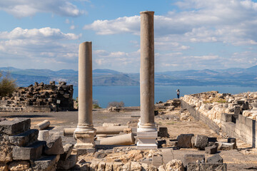 Ancient ruins of Susita (Hippos) National Park on the top of a mountain in the Golan Heights in Israel.
