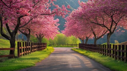 Naklejka premium Pink cherry blossoms frame a country lane. Serene spring scene.