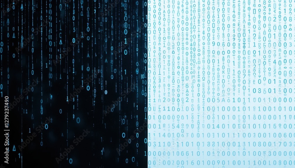 Poster digital binary code rain with dark and light background effects