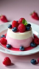 Pink and white layered panna cotta with fresh berries, dessert photography, elegant, refined