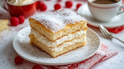 Deliciously Crafted Cake Roll With Cream Filling Served With a Cup of Coffee on a Cozy Table Setting