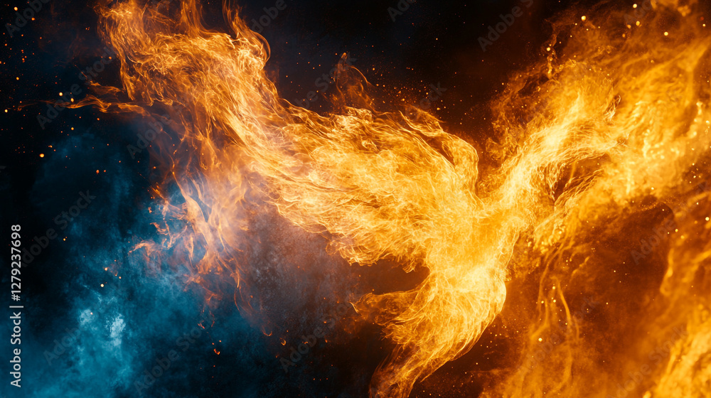 Poster fire and smoke create an abstract representation of a mythical creature in vibrant colors